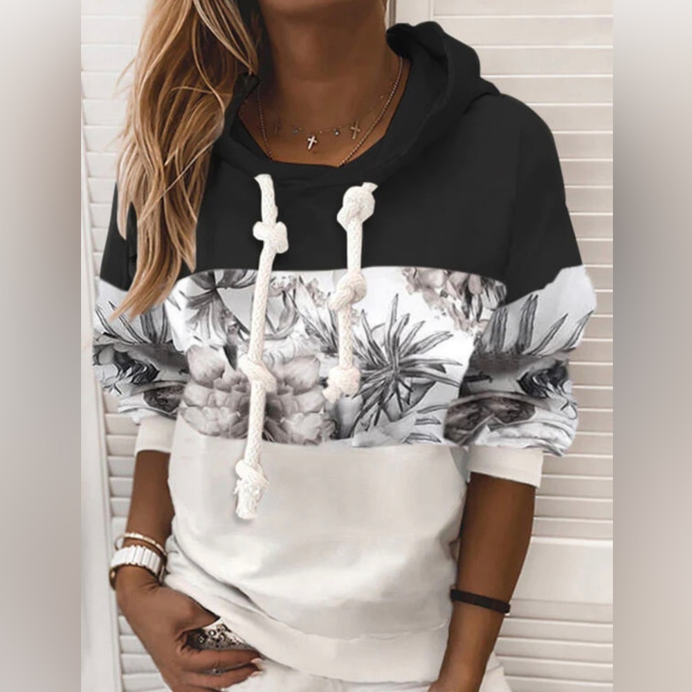 Black Floral Print Color Block Hooded Sweatshirt - Woman’s Medium